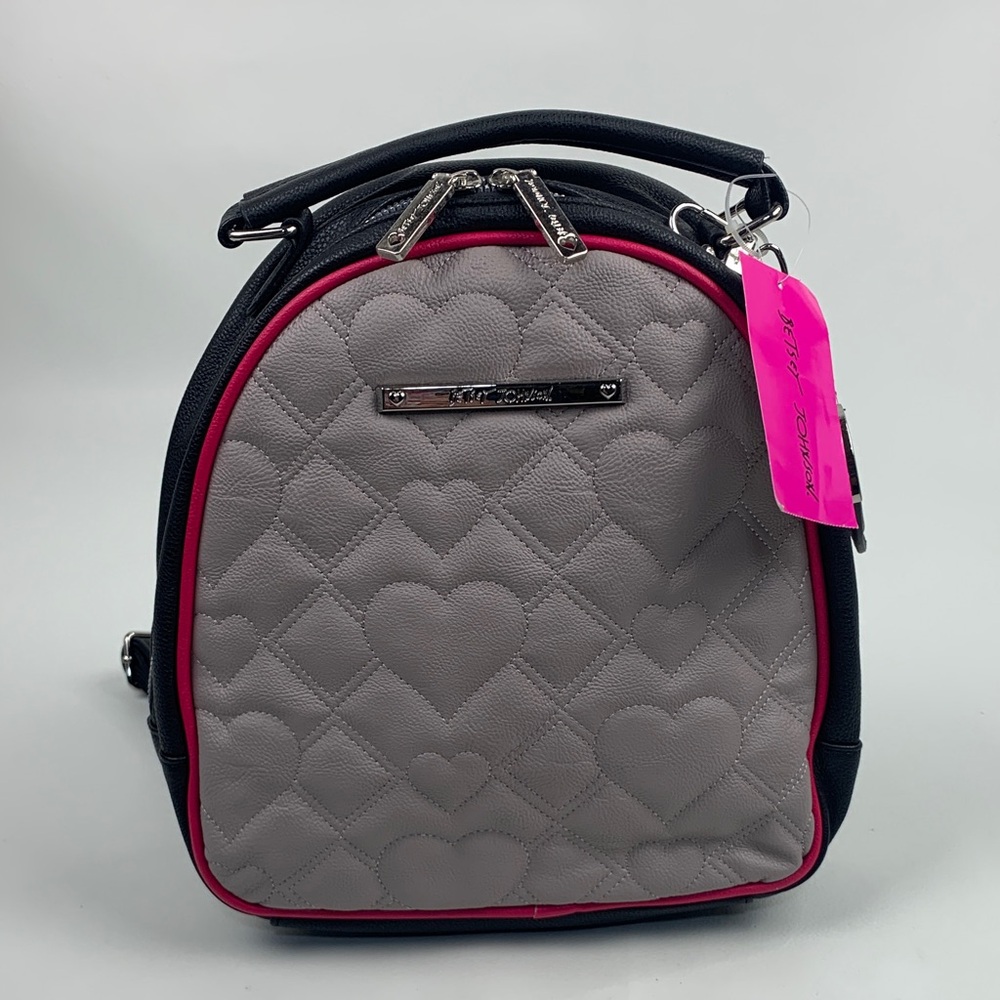 Betsey Johnson Gray Black Pink Heart Backpack purse Rose Lining Zip close NEW